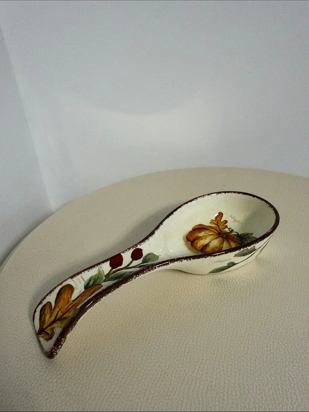 Hand-Painted Pumpkin Ceramic Spoon Rest - White and Autumn Colors